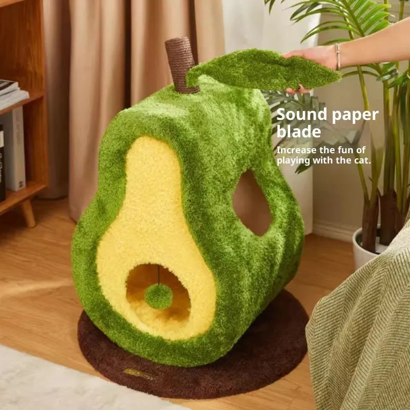Green avocado-shaped closed cat nest made with PP cotton and bubble velvet for indoor cats