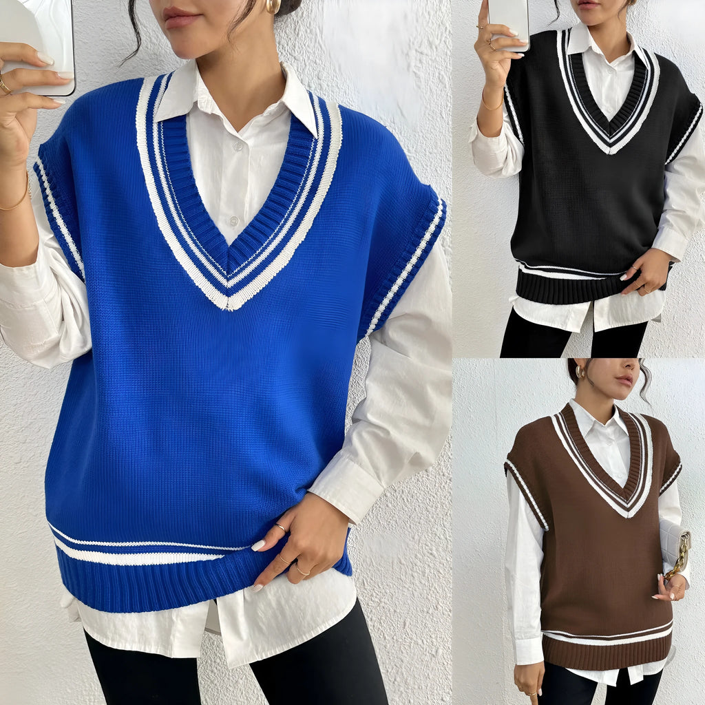Women's college style wool vest sweater in loose fit pullover design showing black, blue and coffee colour options