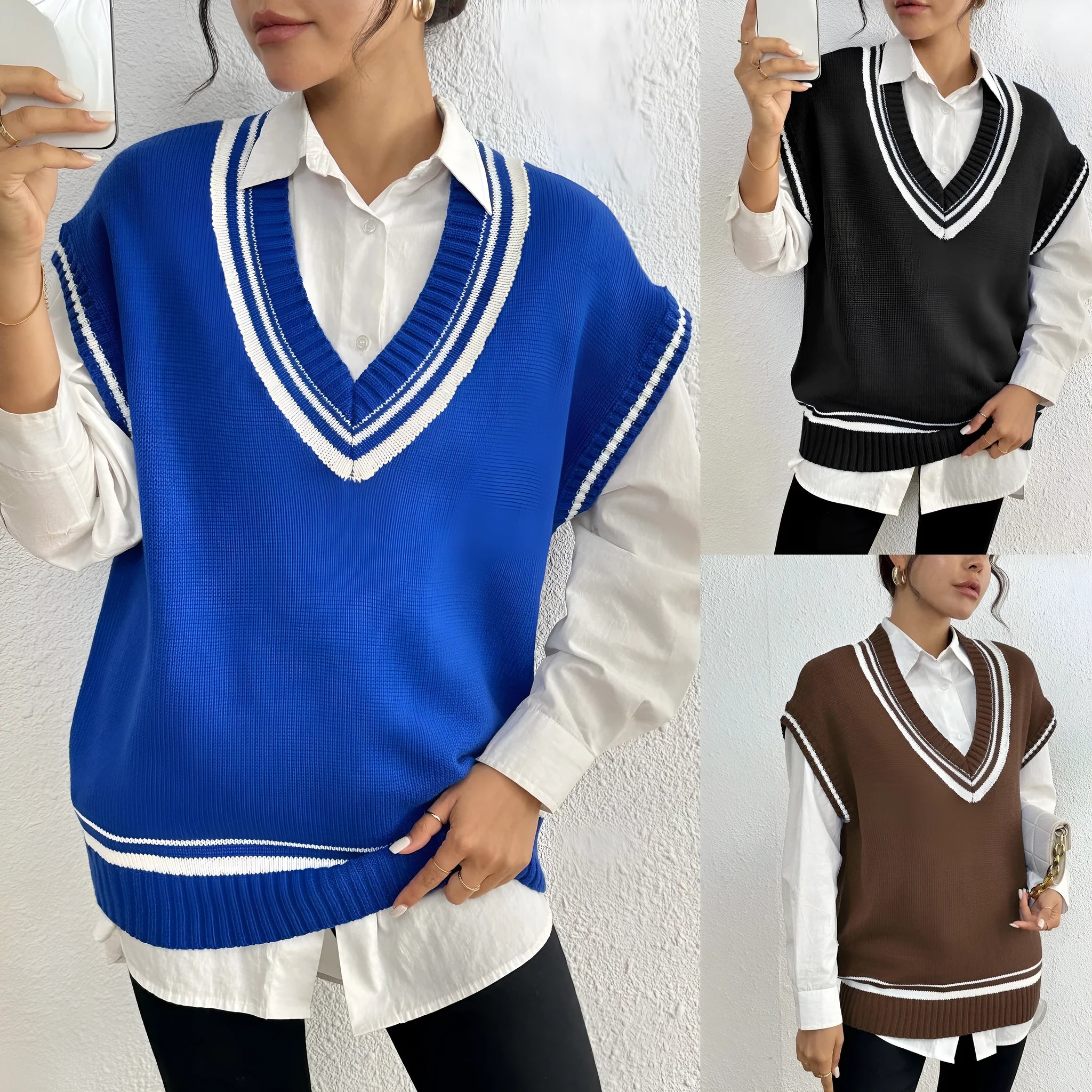 Women's college style wool vest sweater in loose fit pullover design showing black, blue and coffee colour options