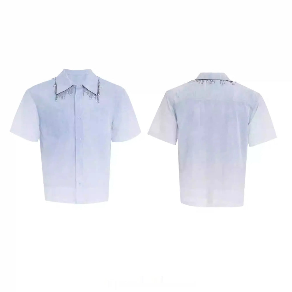 Blue and white gradient loose fit short sleeve shirt on a hanger