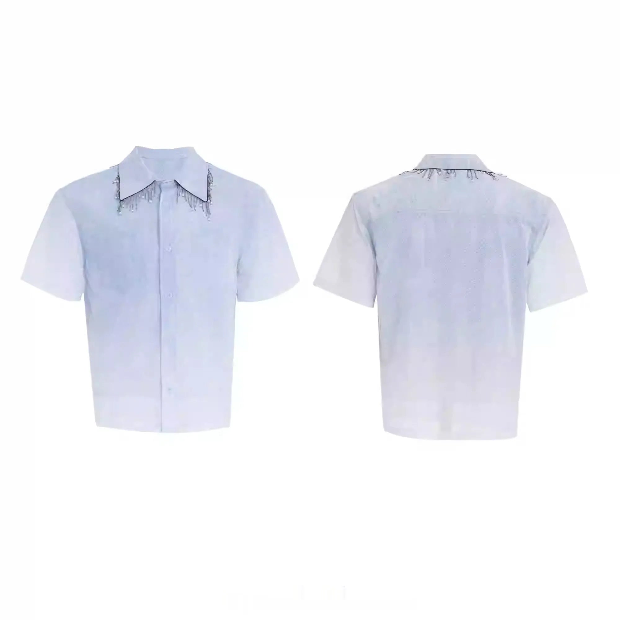 Blue and white gradient loose fit short sleeve shirt on a hanger