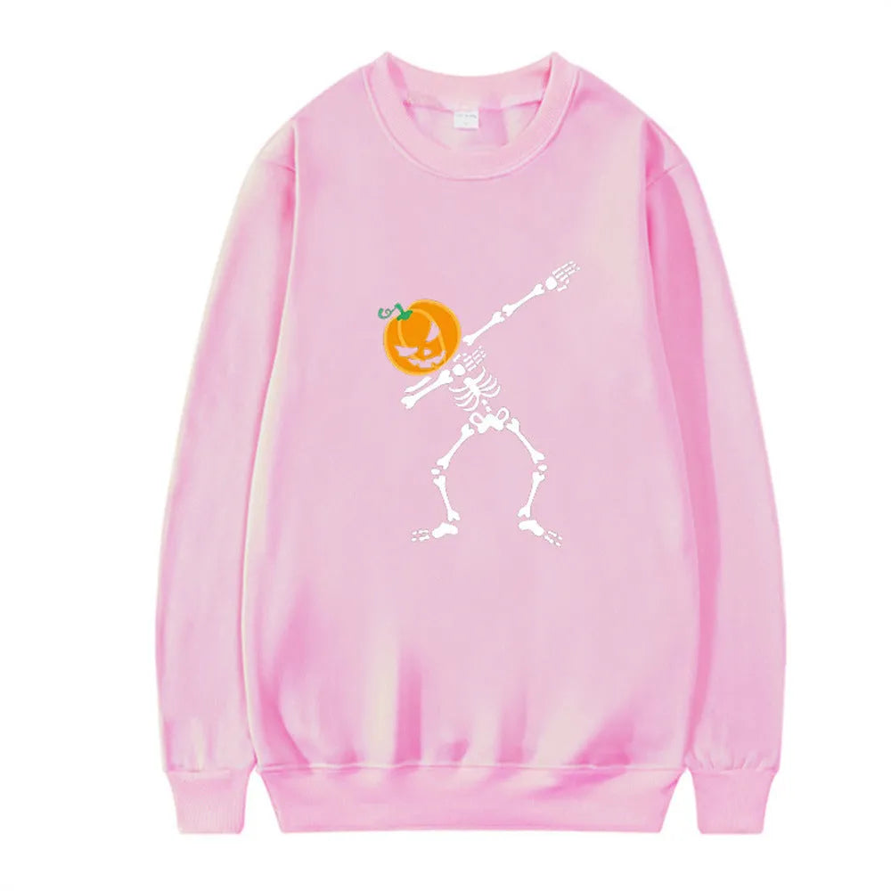 Women's printed polyester crew neck long sleeve top in black, shown in Asian sizing for autumn and winter wear.
