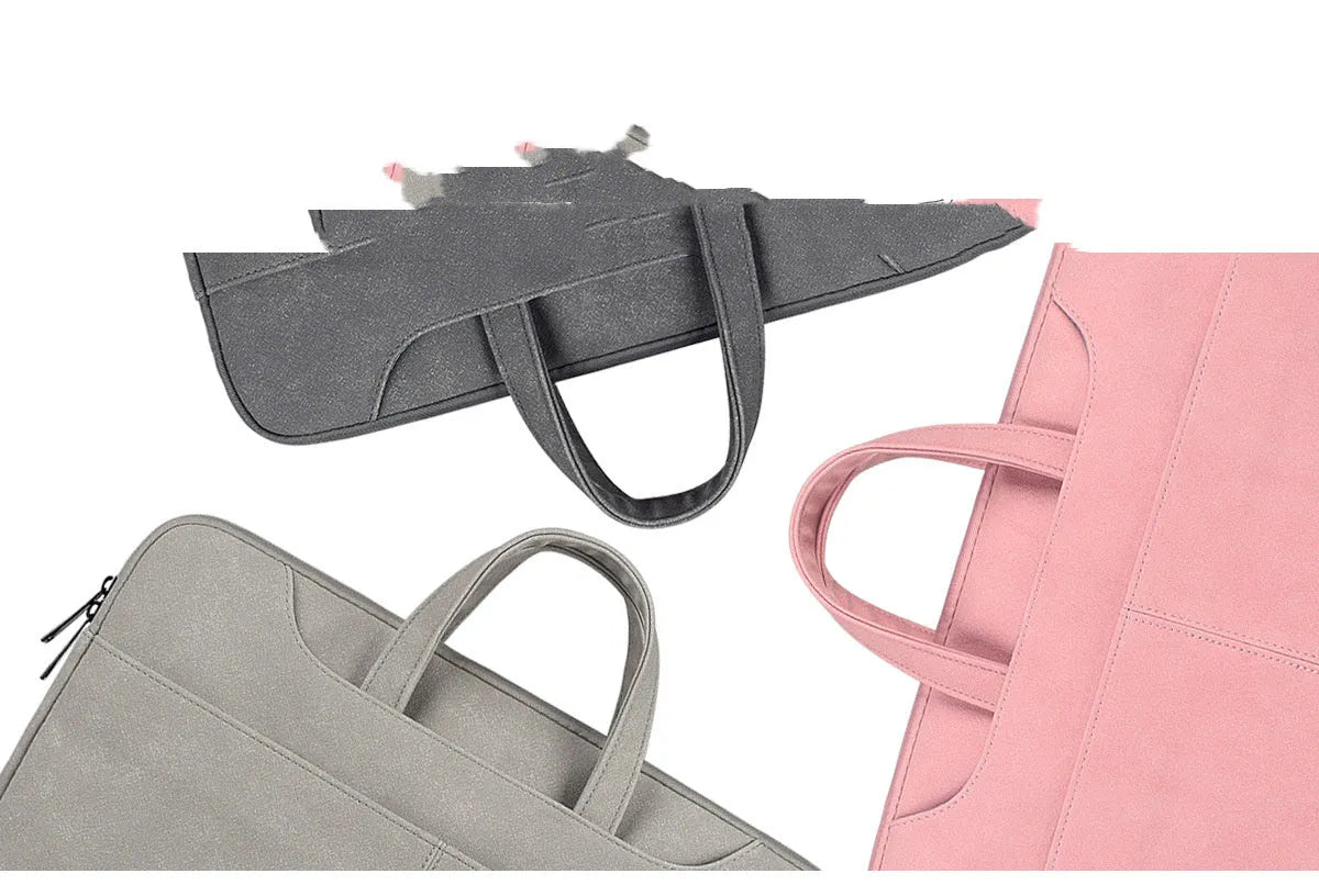 Frosted PU leather laptop bag in light grey with lock, rain cover, and multiple pockets for 15.6in devices
