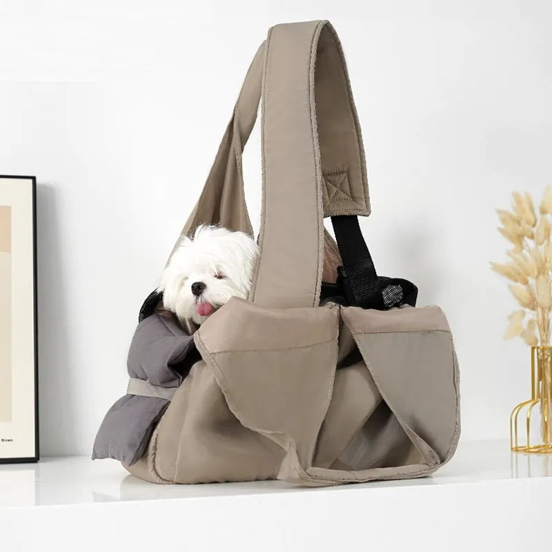 Apricot coloured cloth pet handbag with dimensions 41cm by 16cm by 28cm