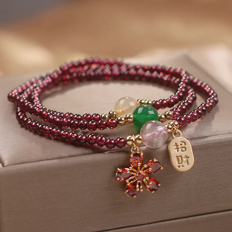 Pomegranate red cherry blossom crystal bracelet for women with sequin decoration on delicate chain