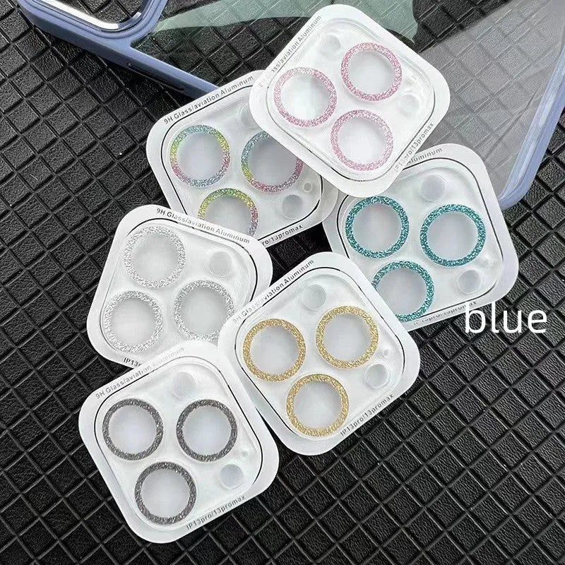 Tempered glass iPhone lens protector with integrated rhinestone glitter design in multiple colours