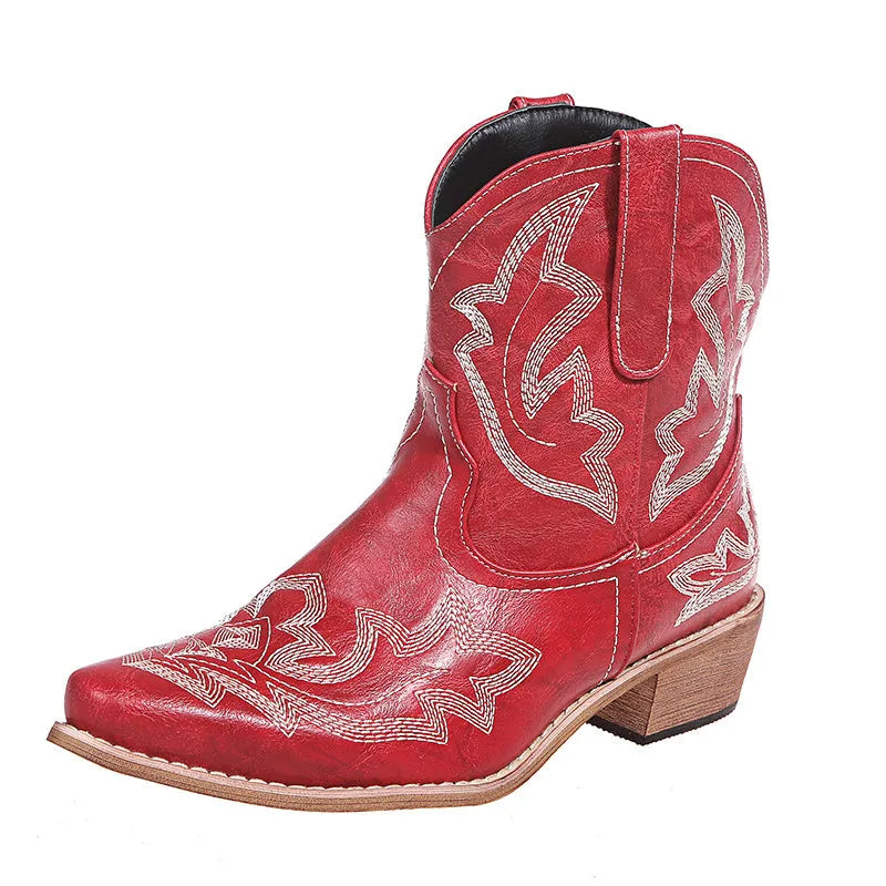 Women's embroidered cowboy boots with wedge heel in blue colour showing pointed toe and decorative stitching