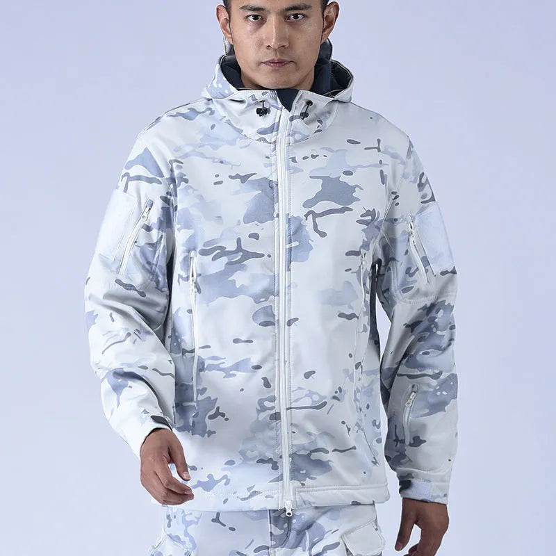 Snow camouflage waterproof fleece windbreaker with wool lining, autumn winter outdoor jacket
