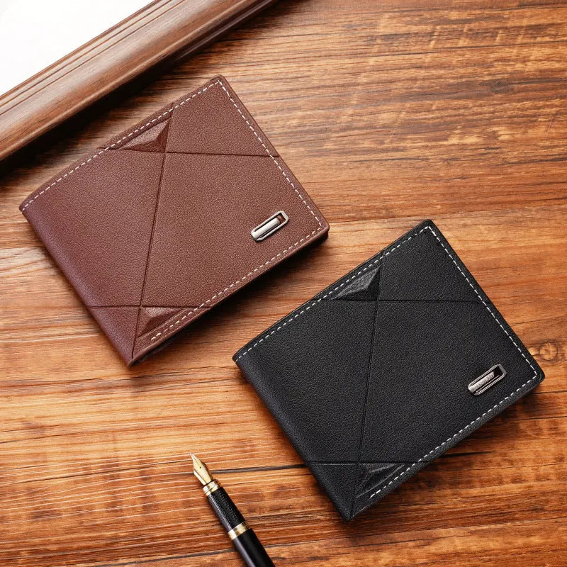 Men's three-fold PU leather wallet with multiple card slots in horizontal design