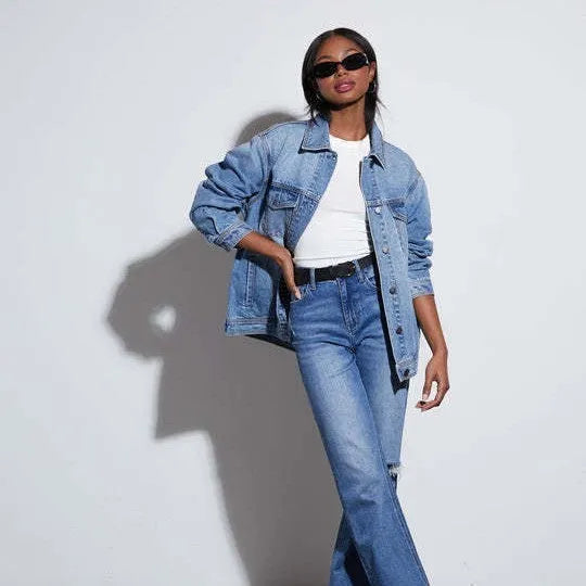 Women's casual loose fit long sleeve denim jacket in black, front view