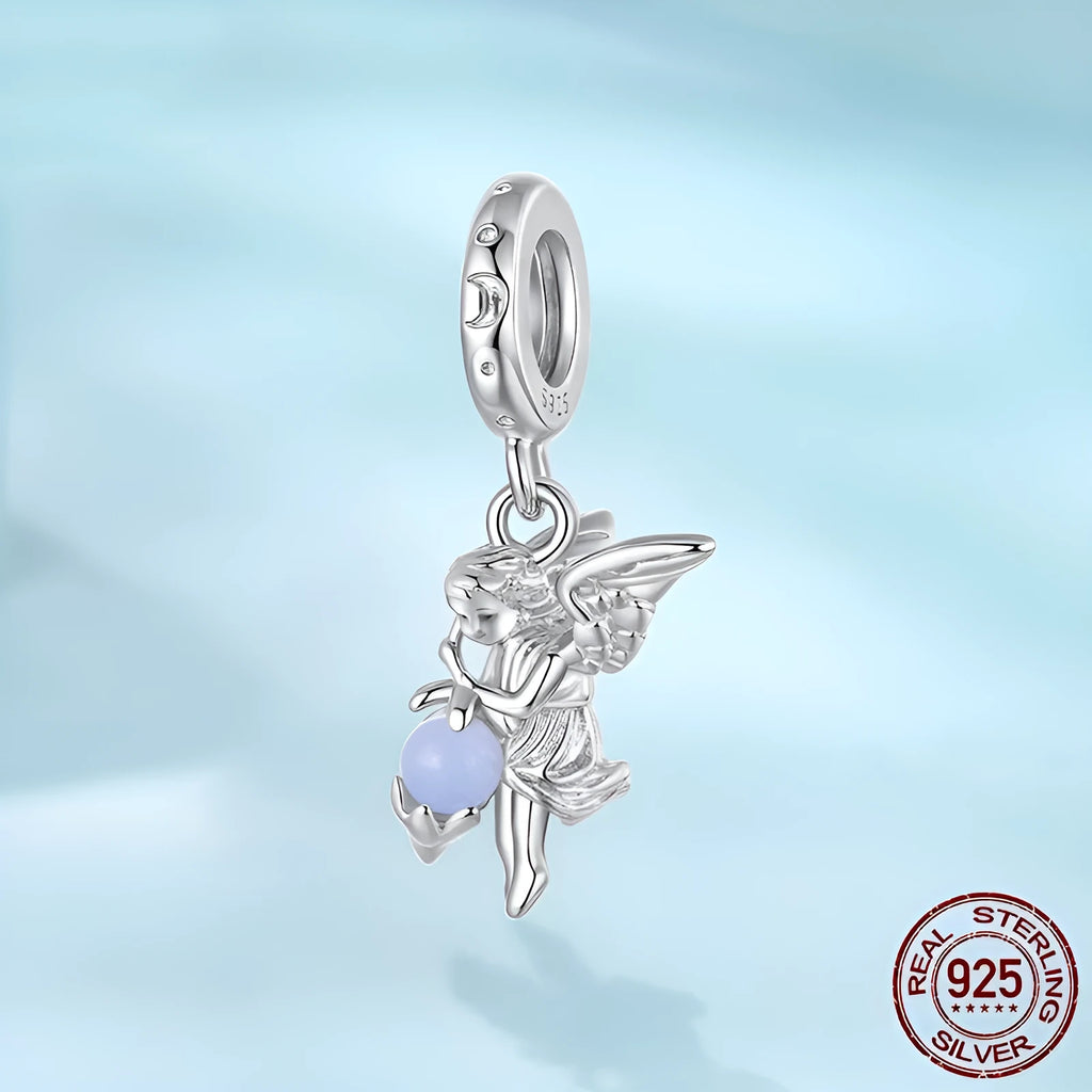 S925 sterling silver luminous angel pendant bead on a white background, showing 2.2cm height and 0.45cm aperture