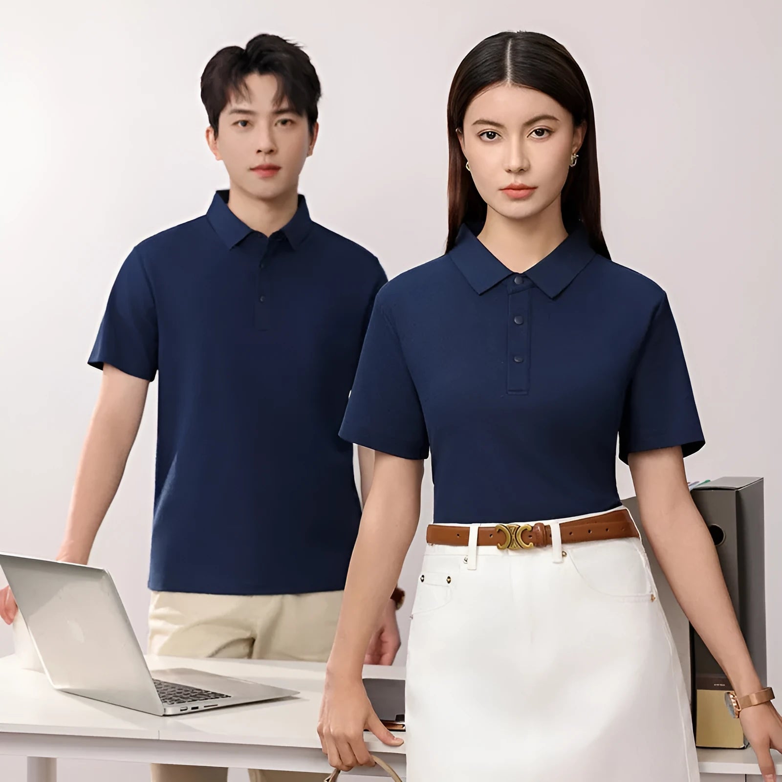 Men's lapel polo shirt in solid colour with short sleeves for summer business wear