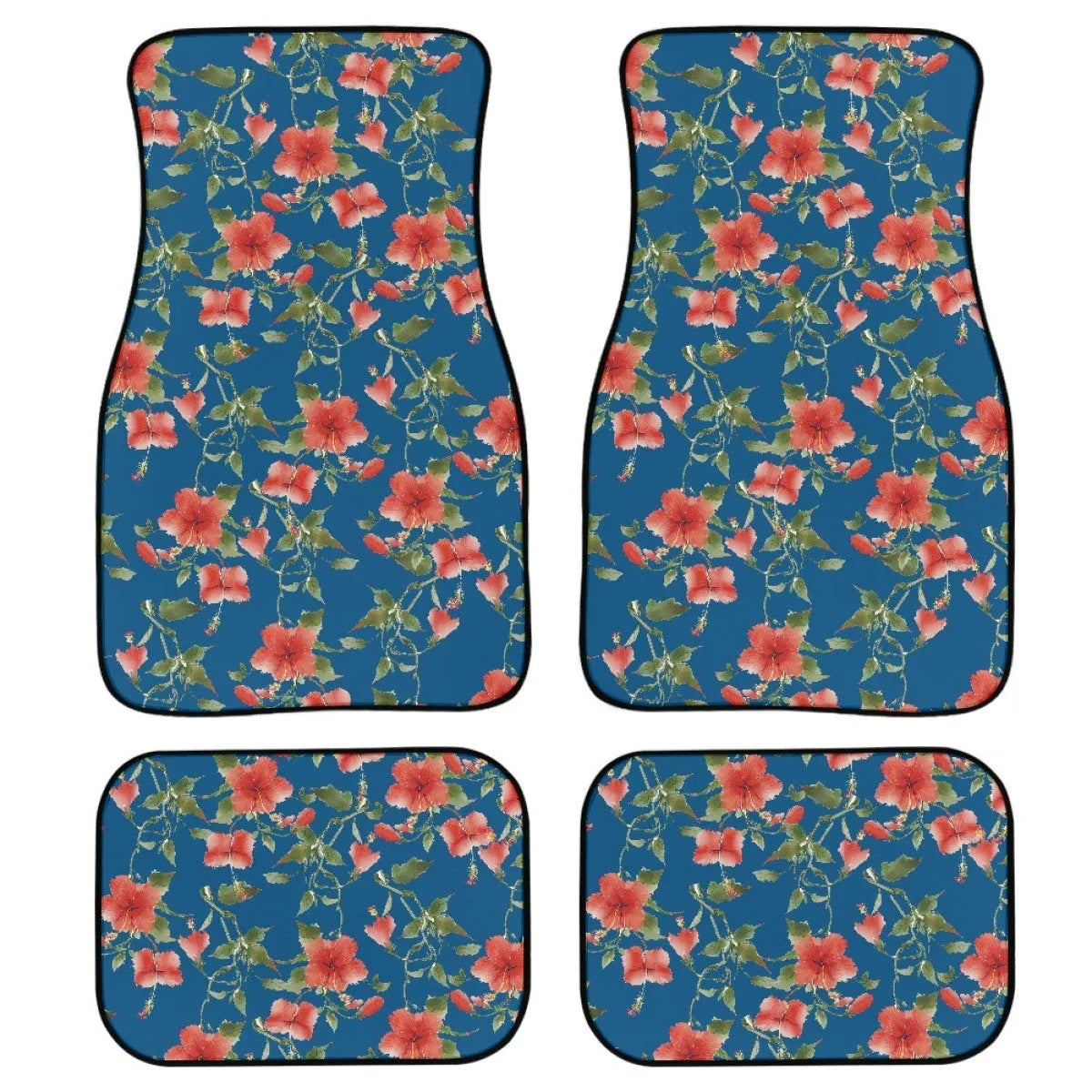 Black four-piece rubber car foot mat set with textured surface, shown on a car floor.