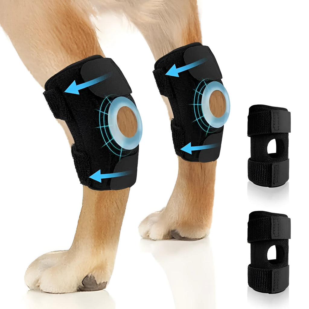 Black polyester dog leg guard for ACL tear rehabilitation in L, M, XL sizes.