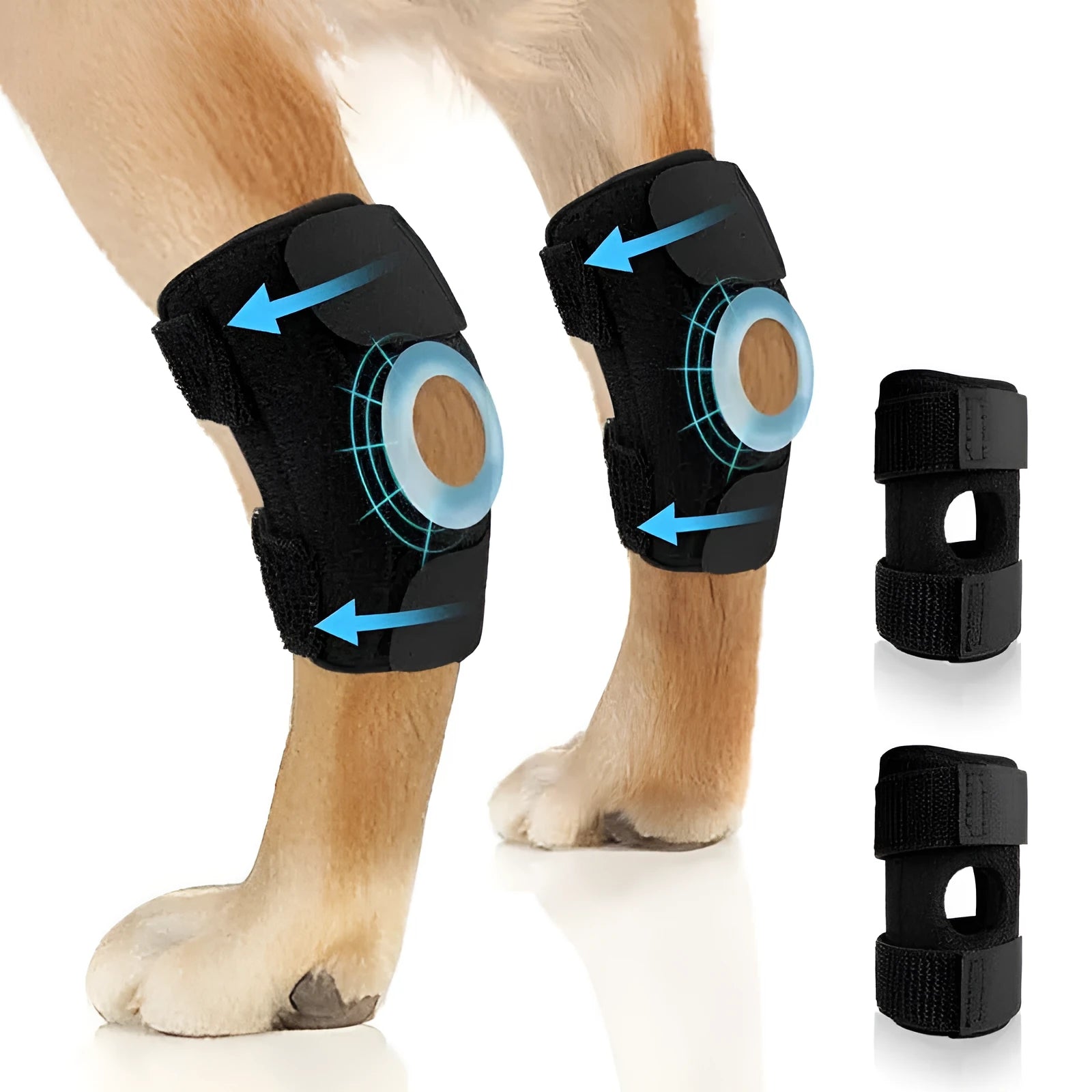 Black polyester dog leg guard for ACL tear rehabilitation in L, M, XL sizes.