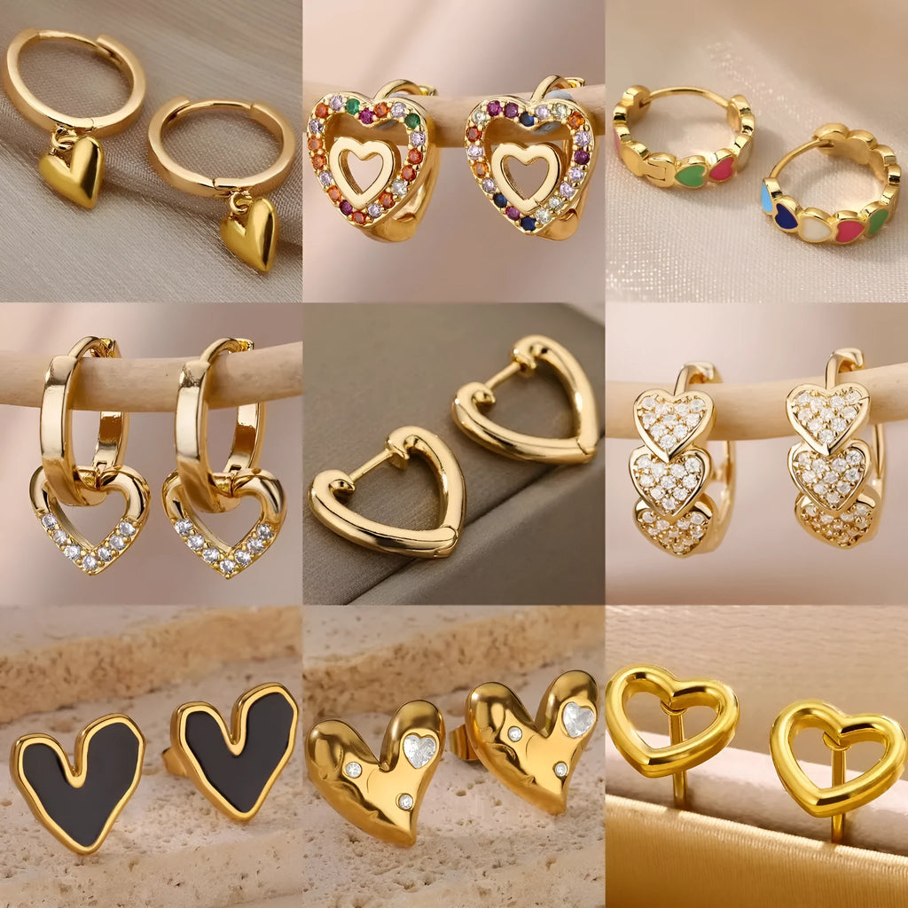 Women's heart-shaped stainless steel ear studs with zircon detailing and clip back fastening