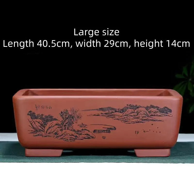 Handmade purple clay rectangle bonsai pot for large trees, shown in deep blue black colour.