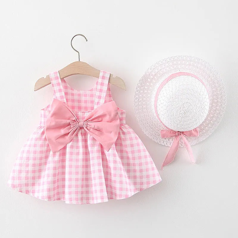 Baby girl plaid skirt in pink with free matching straw hat, 90 percent cotton
