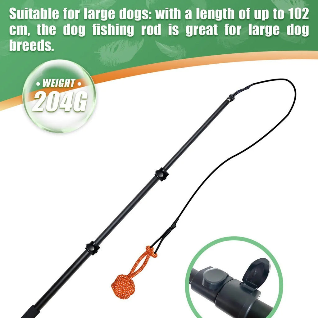 Black telescopic aluminium alloy dog teasing rod extended to 102cm with two bite ropes and one ball