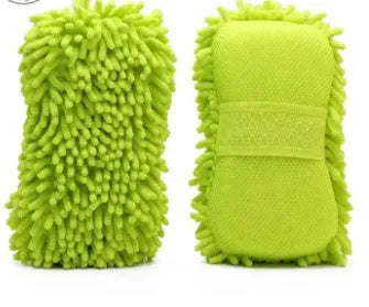 Silver green microfiber car wash sponge measuring 14x25cm on a car surface.