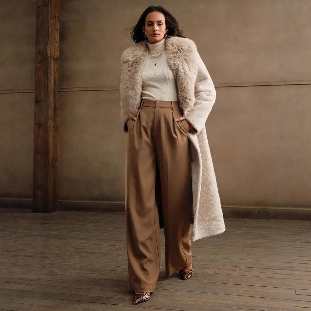Women's longline faux fur coat in camel colour with regular sleeves and 100cm length