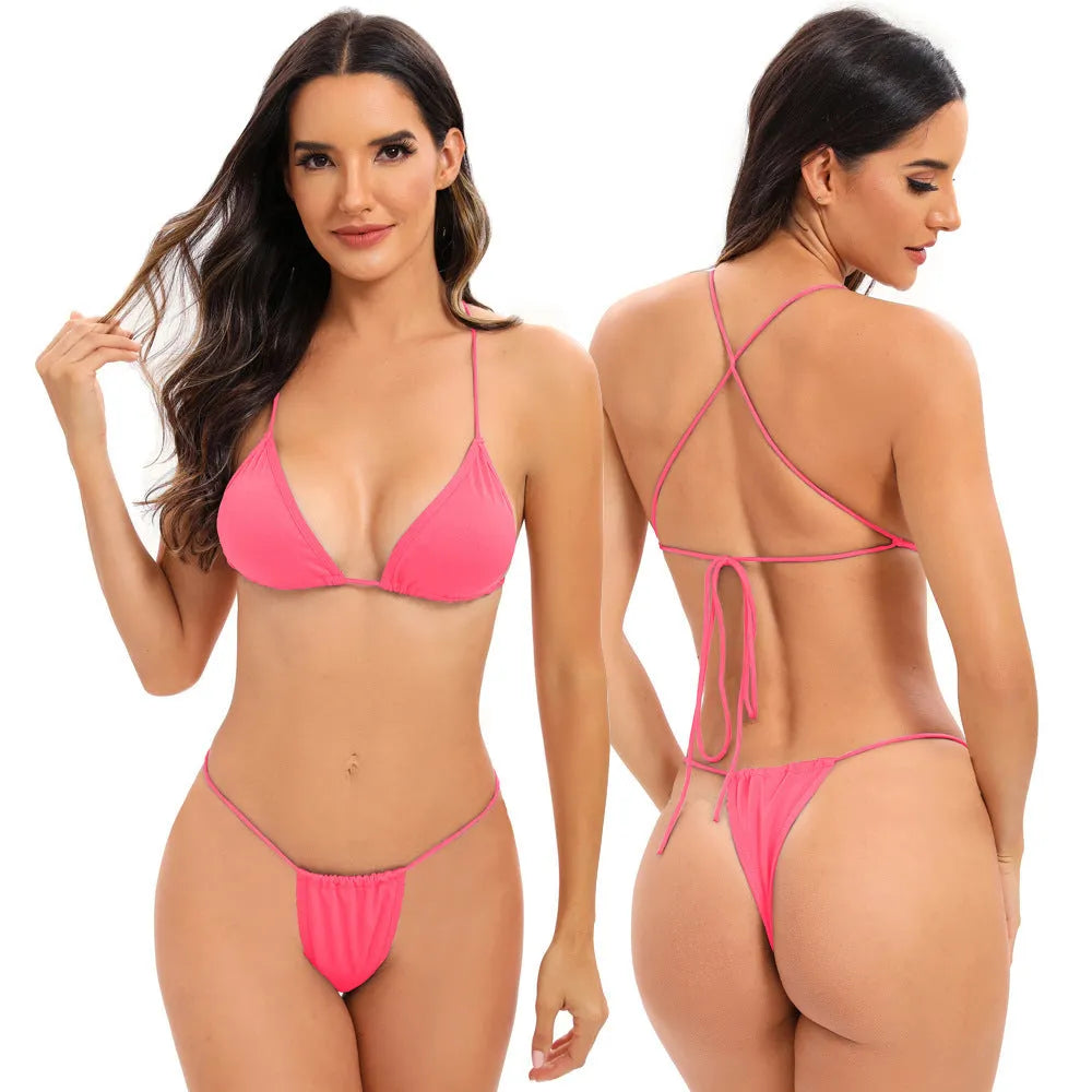 Women's candy coloured milk silk bikini with cross straps, shown in a brief style.