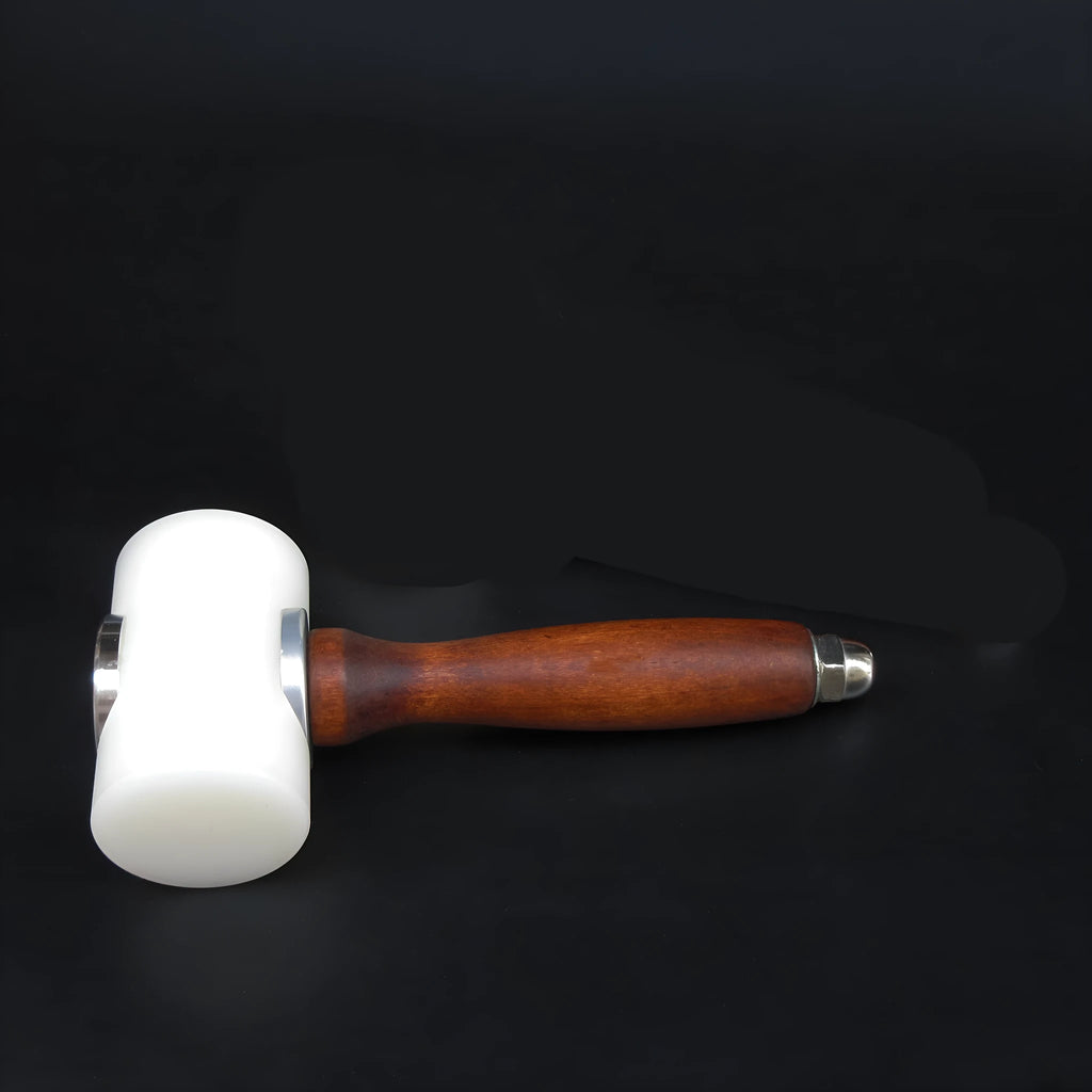T-shaped leather carving hammer with white nylon head and brown wooden handle for leathercraft