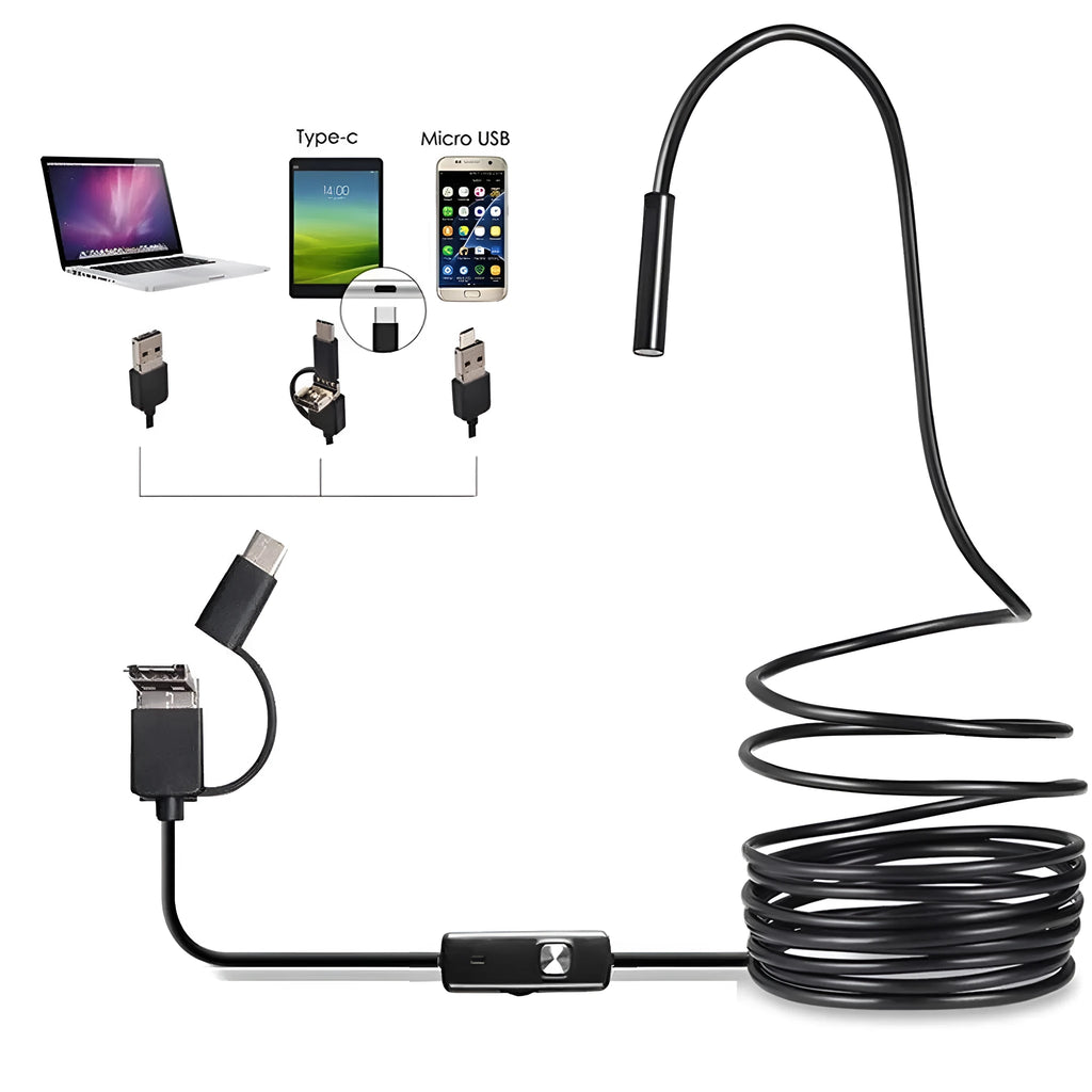USB-C Android phone endoscope with flexible cable, waterproof camera probe, magnet, hook, and side mirror attachments.