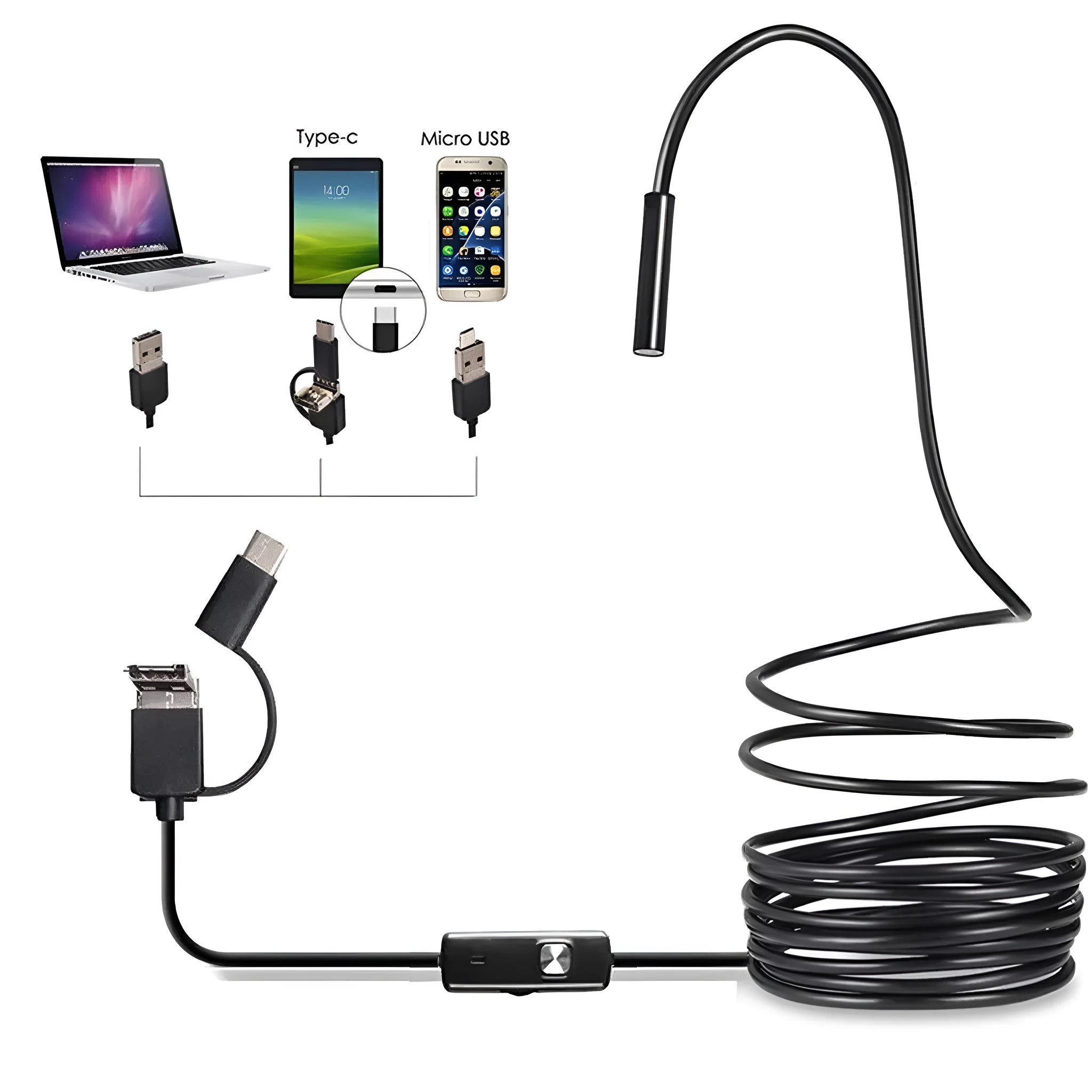 USB-C Android phone endoscope with flexible cable, waterproof camera probe, magnet, hook, and side mirror attachments.