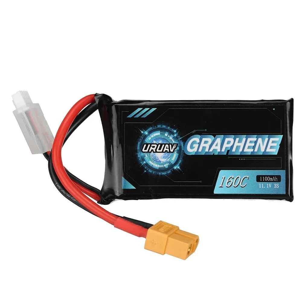 7.4V 1200mAh 2S Lithium Polymer RC battery with red JST connector, shown with dimensions.