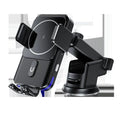 Black car wireless phone charger with 15W power shown with suction cup and clip mounting options