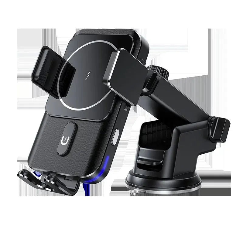 Black car wireless phone charger with 15W power shown with suction cup and clip mounting options