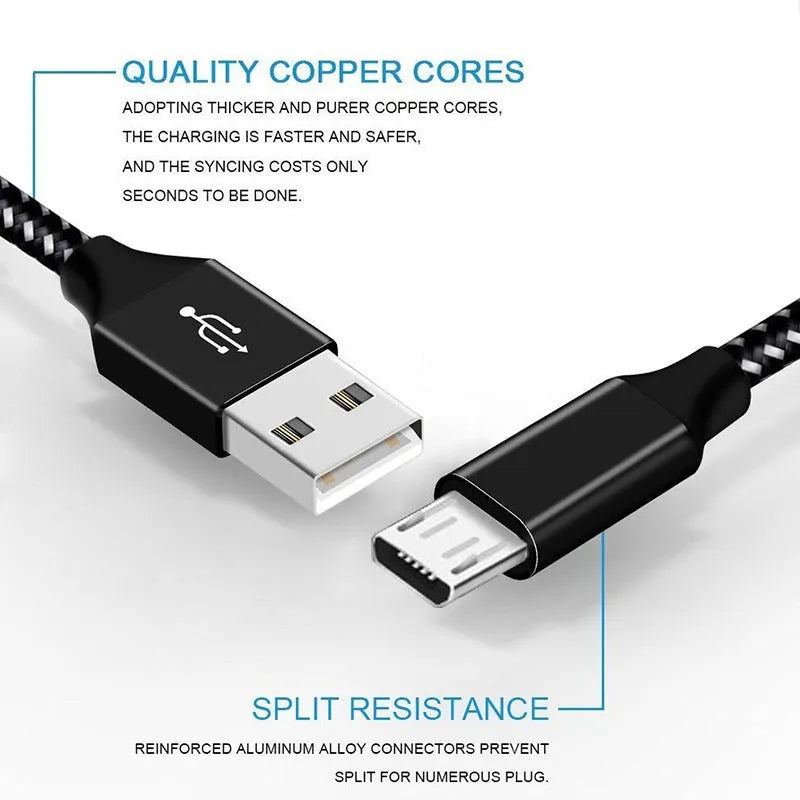 Braided Micro USB charging cable for Android phones in black and white colour
