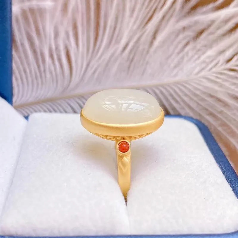 White electroplated copper ring with gilding and inlaid hetian jade egg noodle design for women