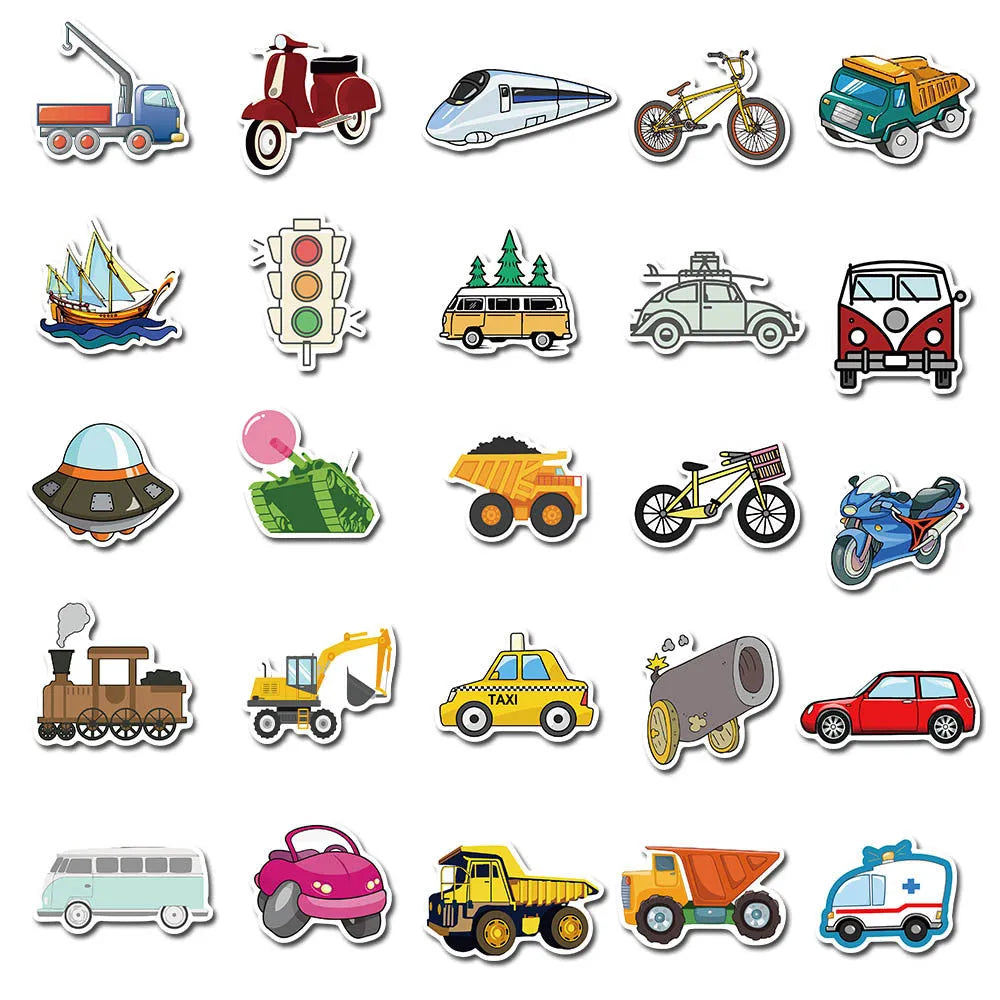 Colourful cartoon car and excavator graffiti stickers on a white background, 4x6cm each
