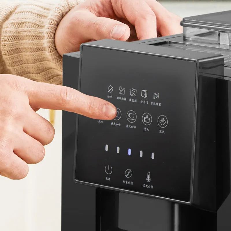 Black automatic small coffee machine with touch screen, 1.8L reservoir, ABS body, industrial style, on countertop