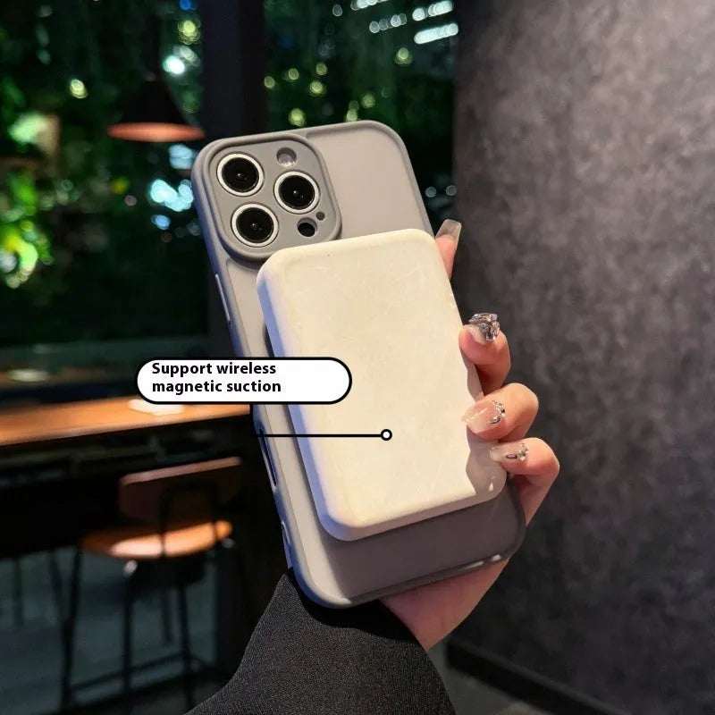 Transparent frosted magnetic suction pivot phone case for iPhone, shown in light purple colour.