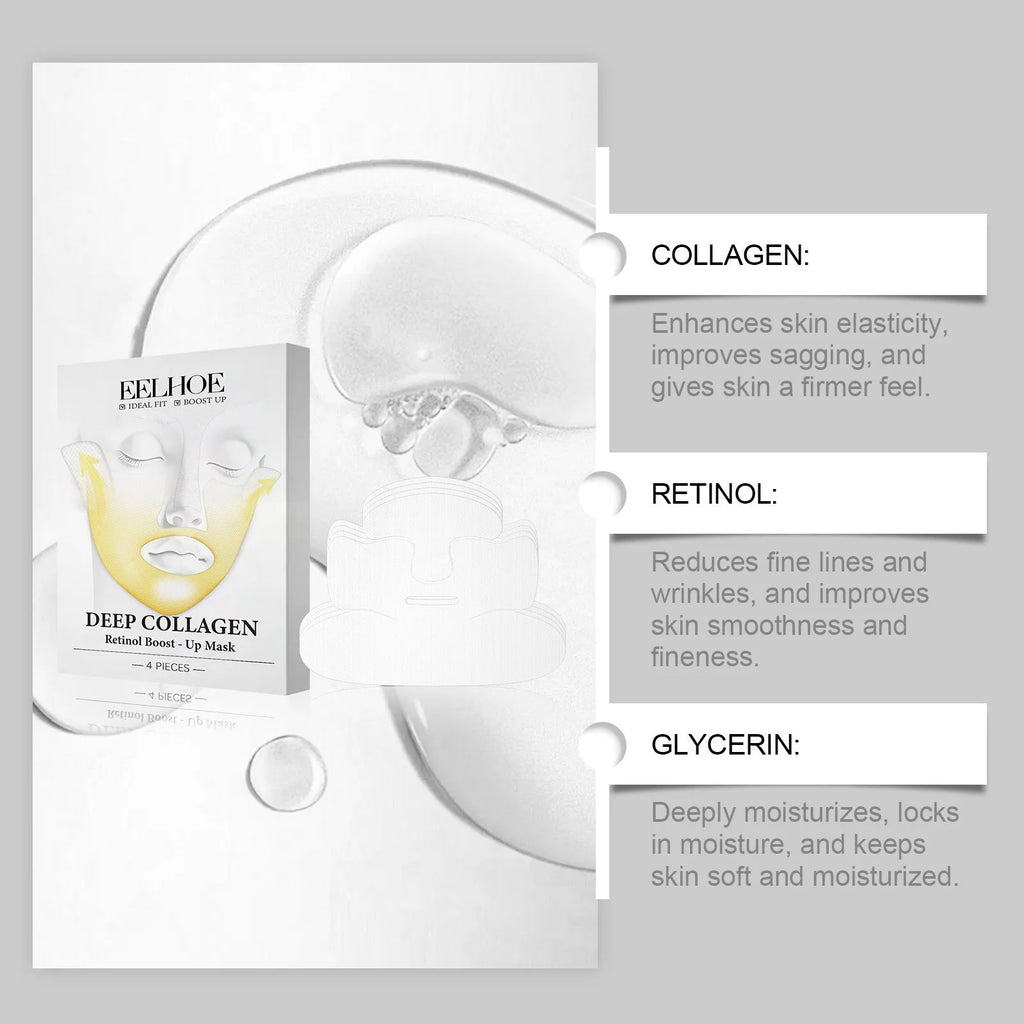 Pack of four collagen tightening facial mask sheets showing one unfolded sheet.