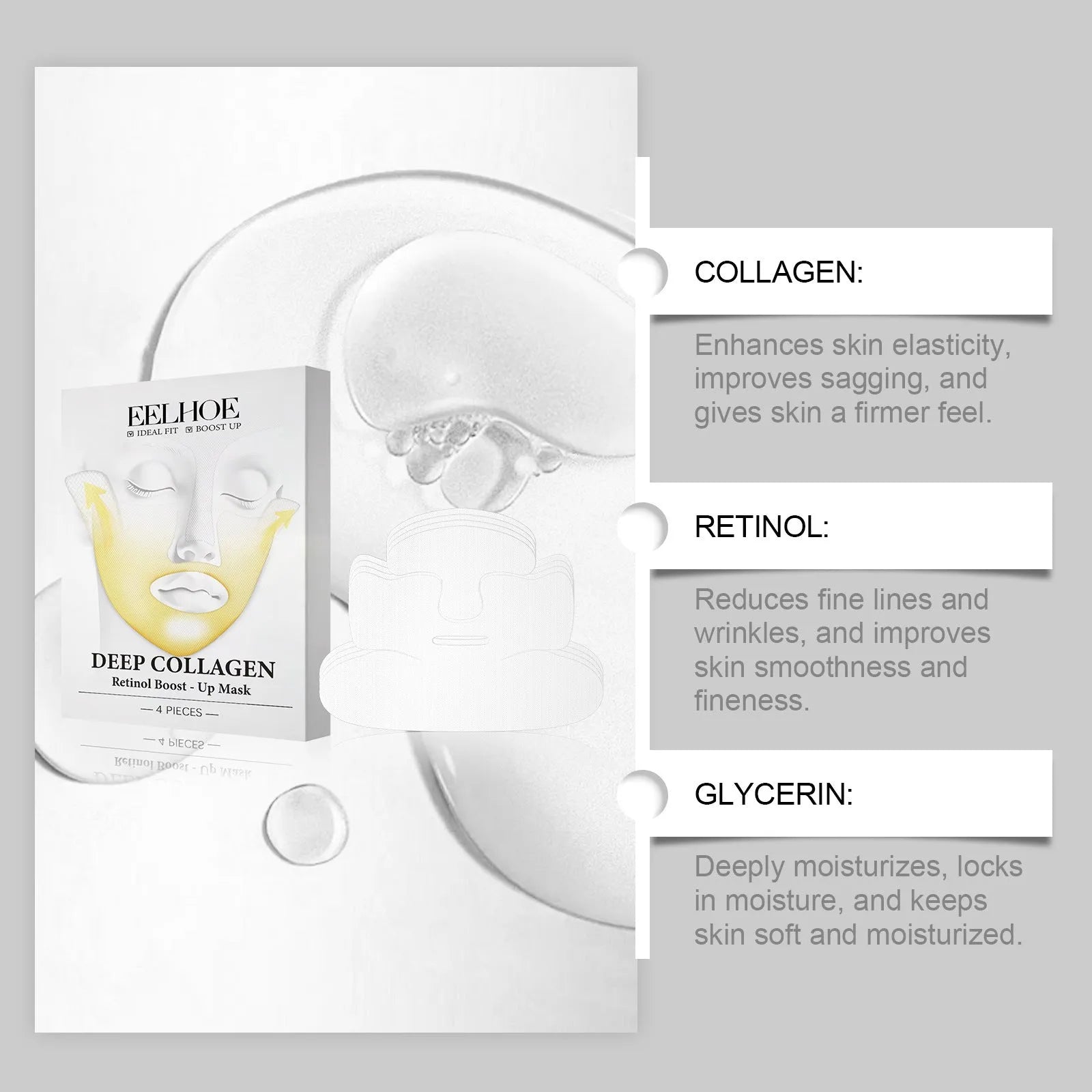 Pack of four collagen tightening facial mask sheets showing one unfolded sheet.