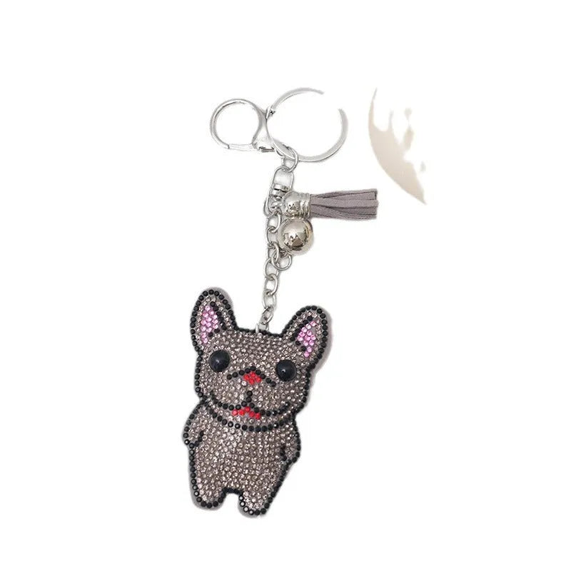 French dog rhinestone keychain pendant with animal design and tassel attachment