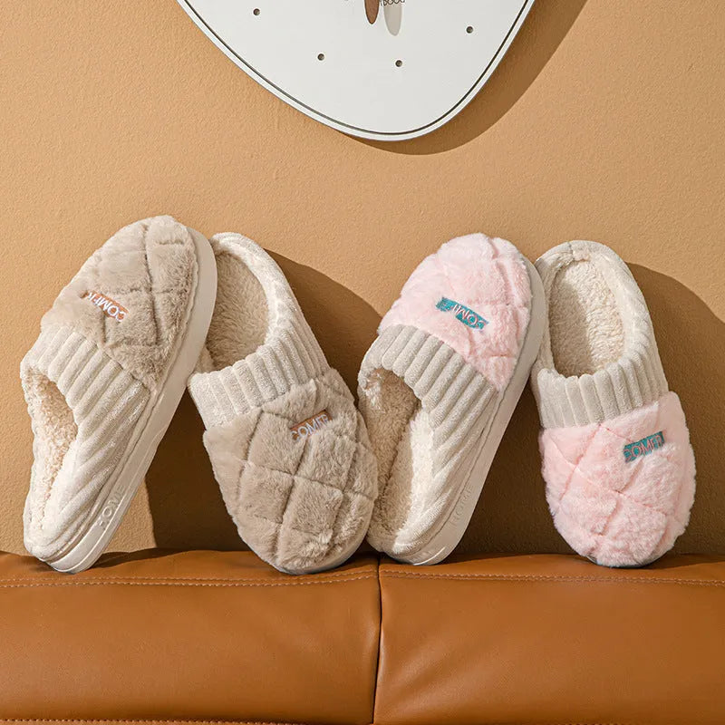 Solid rhombic letter home slippers in thickened artificial plush with EVA non-slip sole and car stitching detail