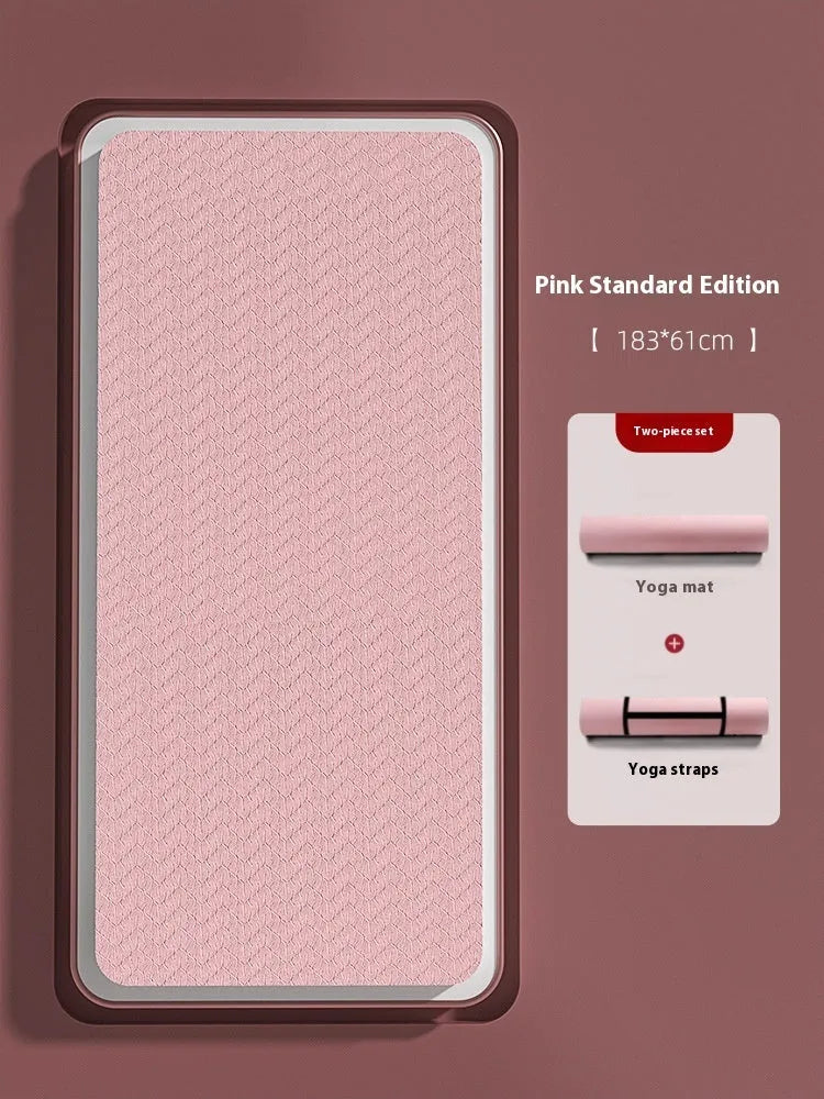 A wide, long non-slip TPE gymnastic mat in a solid colour with alignment guide lines, shown rolled and unrolled.