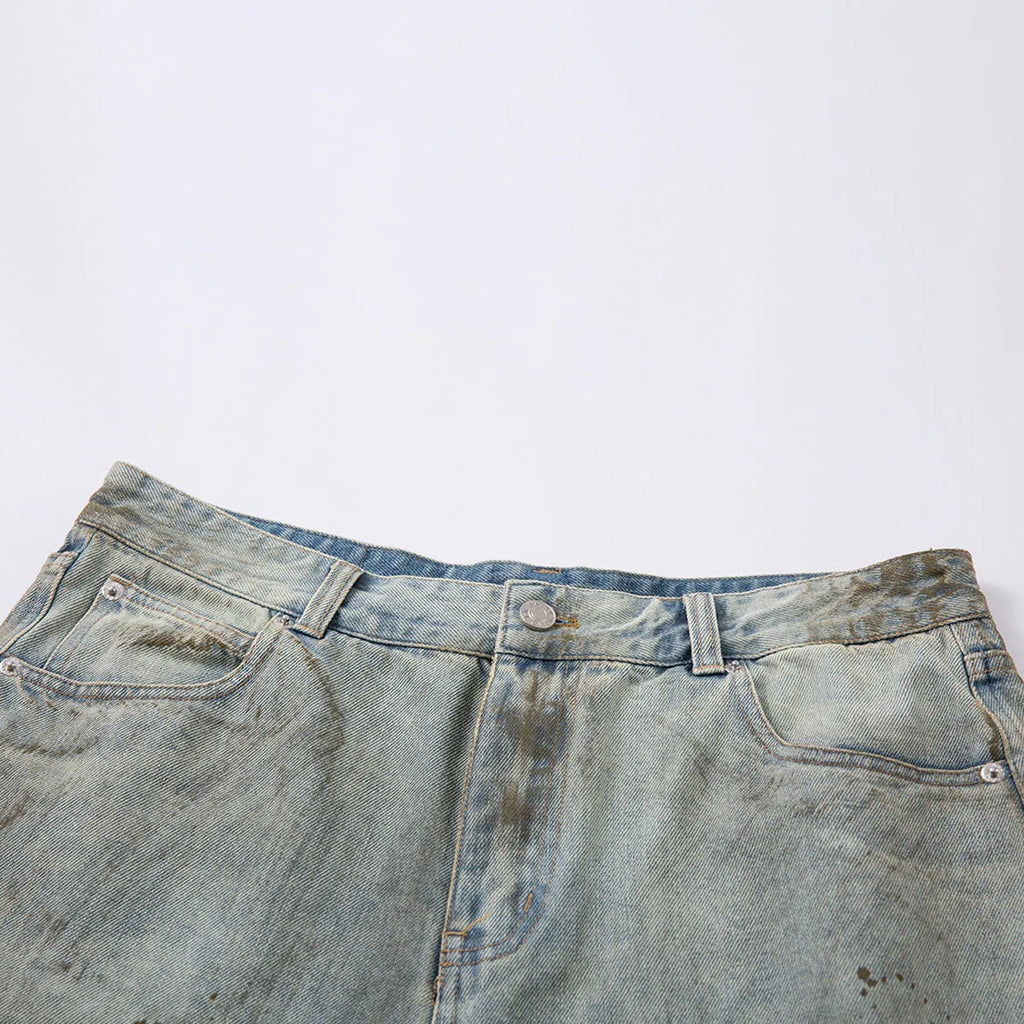Pu Shuai blue cropped washed denim straight-leg middle pants with zipper fly on hanger