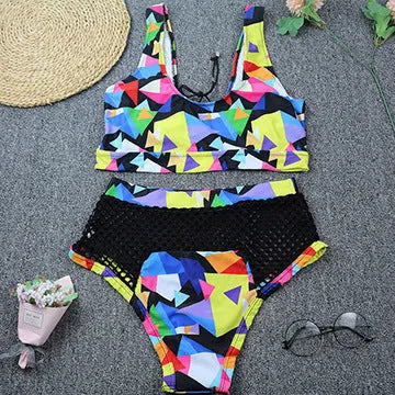 Women's cross-strap fishnet bikini set with high-waist briefs in multicolour checkered pattern
