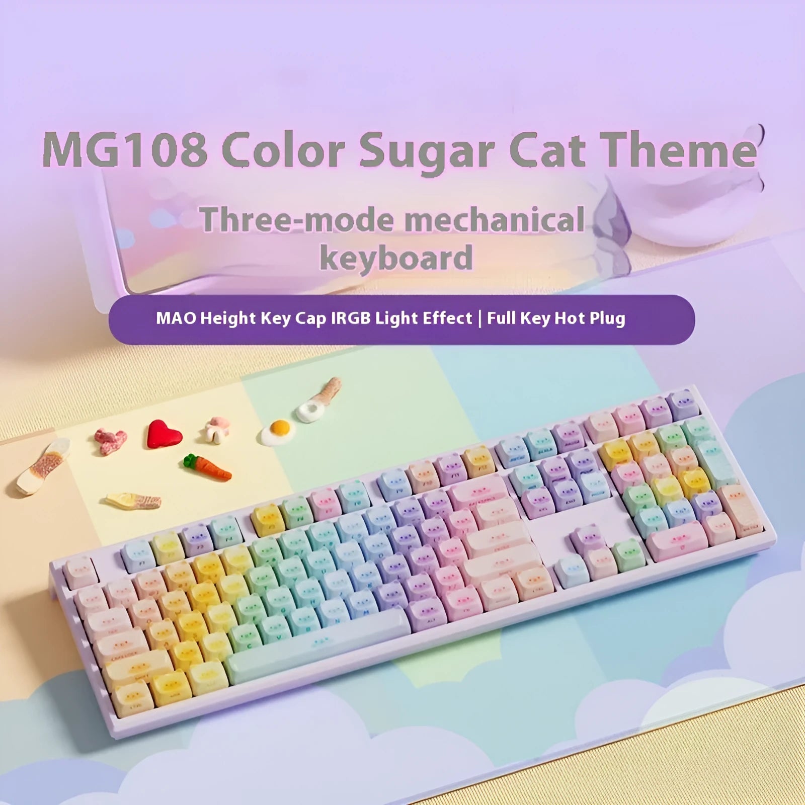 MG108B sugar cat mechanical keyboard with candy cat coloured keys and Bluetooth wireless