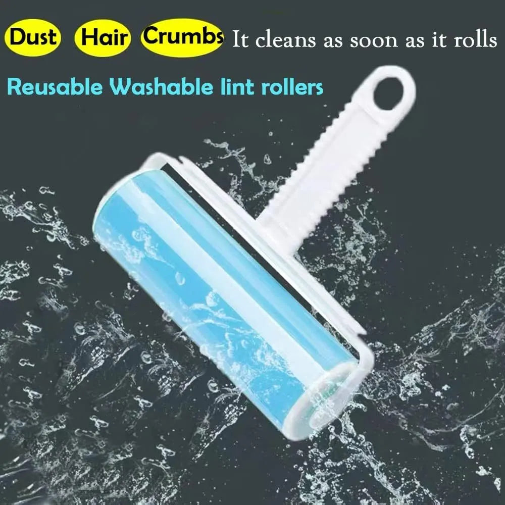 Blue reusable washable lint roller with cover for removing pet hair from clothes and sofas.