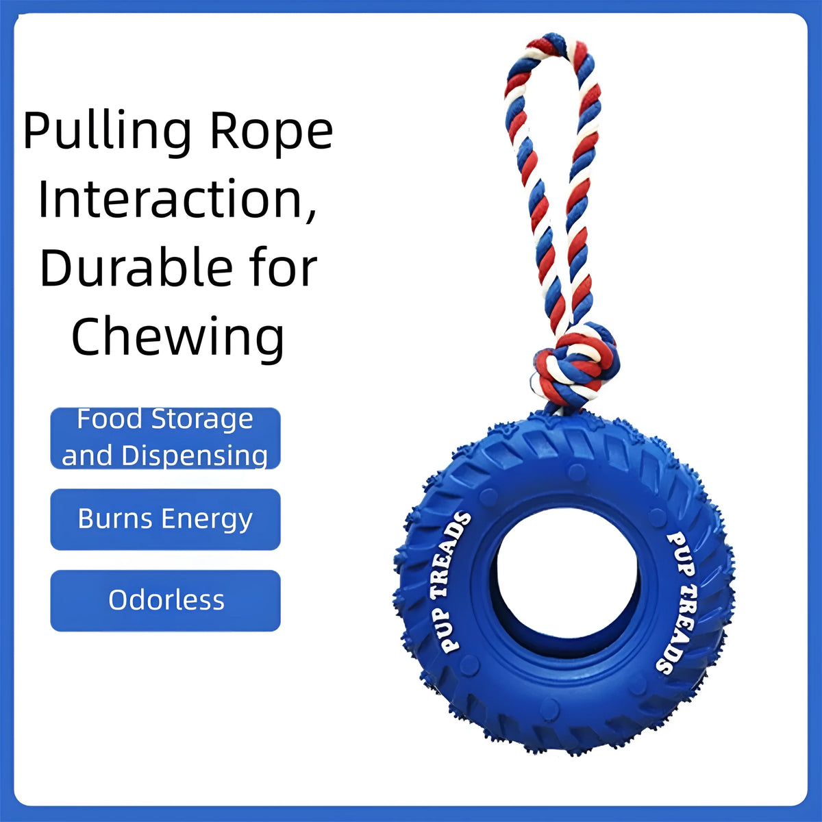 Rubber tire dog chew toy with cotton rope handle for tug of war and treat dispensing, in black, blue, or orange