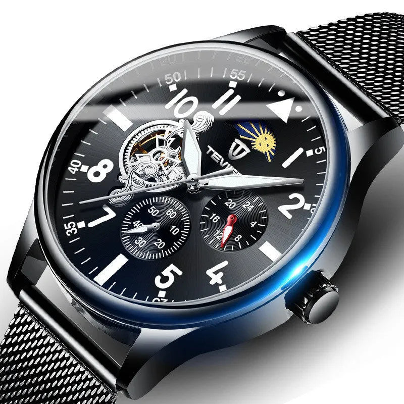 Black men's mechanical watch with moon phase indicator and luminous hands on 41mm alloy case