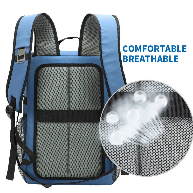 Insulated 20L beer backpack with shoulder-mounted bottle opener in black, blue, pink, or red