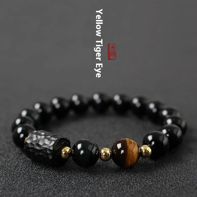 Handcrafted obsidian bracelet with 10mm yellow tiger eye beads on elastic cord